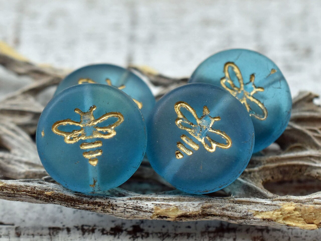 *6* 12mm Gold Washed Matte Aqua Blue Bee Coin Beads